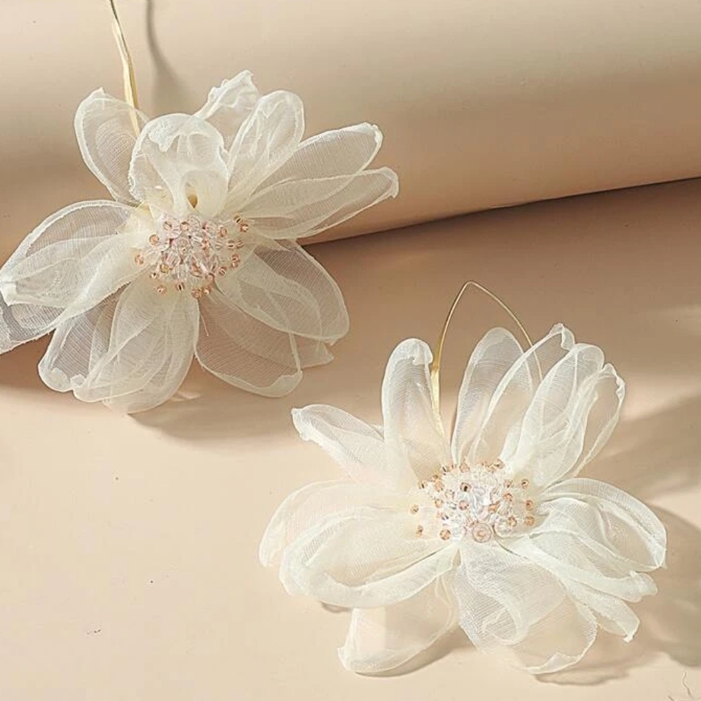 One left: "Magnolia" Beaded Cream Detail Flower Design Earrings - Picture 2 of 4